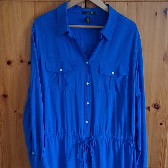 Lauren Ralph Lauren Vibrant Blue Preppy Long Sleeve Shirt Dress Plus Size 16 - Picture 2 of 7